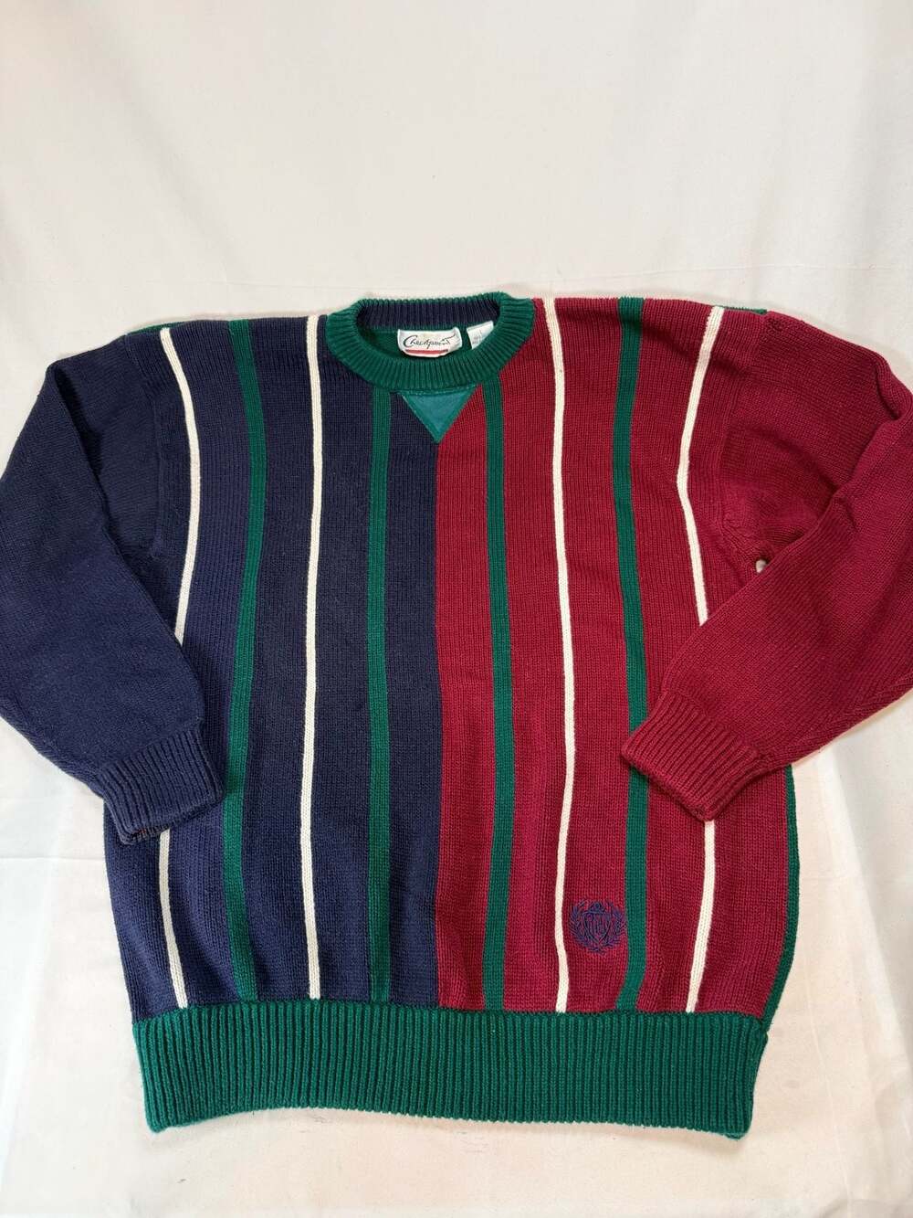 Preppy 90s Academia Vintage Checkpoint Striped Cotton Knit Crewneck Sweater Size